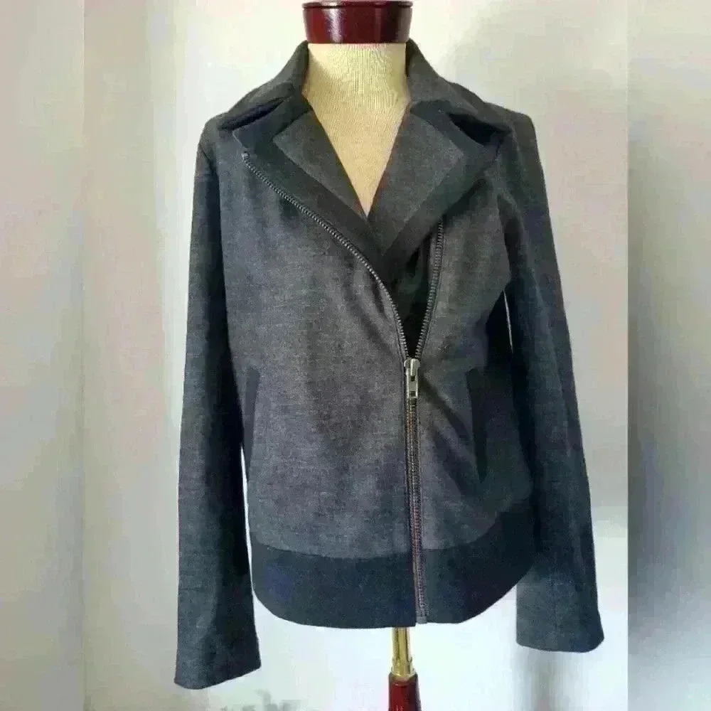 J  Crew Size 8 Dark Charcoal Grey Black Wool Blend Moto Jacket Coat Pockets